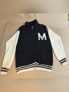 Vintage Club Monaco Hand-Knit Varsity Cardigan Sweater Black Cream Letterman